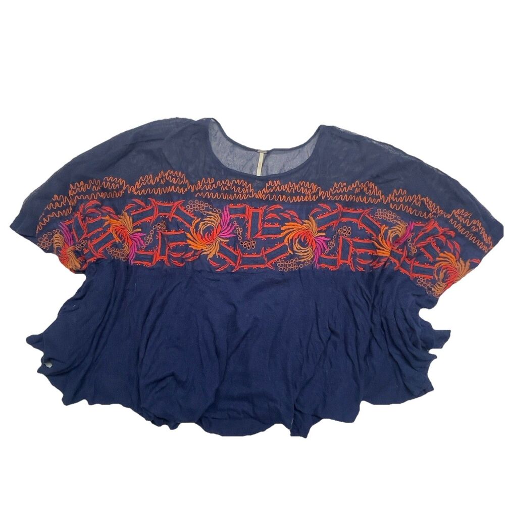 Free People MEDIUM Love Letter Embroidered Oversized Poncho Top Navy Blue Boho